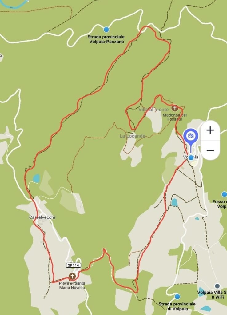 Kaart met aanduiding van wandeling vanuit Volpaia